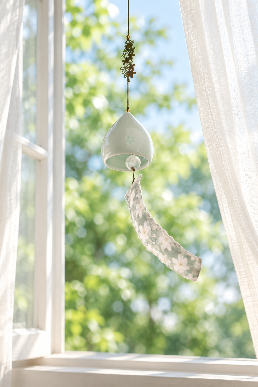 Celadon hanging bell and feather-shaped pendant against sheer curtains