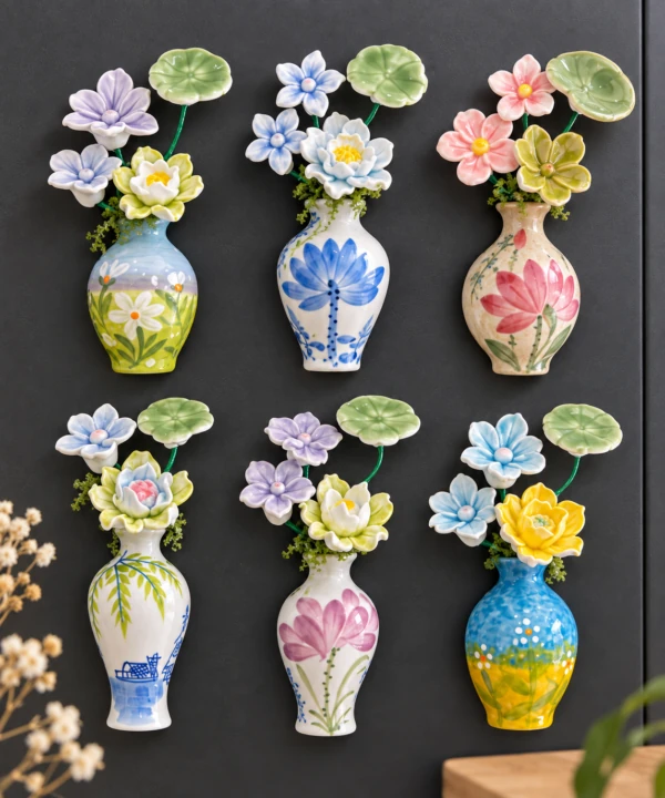 Colorful miniature vase and flower-shaped hanging ceramic ornaments against a dark background