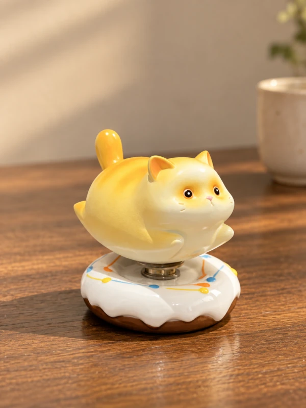 Yellow cat-shaped ceramic ornament on a white floral base