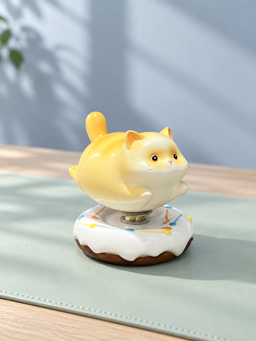Side view of a yellow cat ornament on a rounded white base