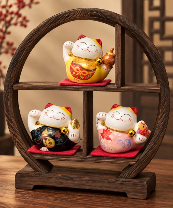 Three colorful waving cat figurines arranged on a round wooden shelf