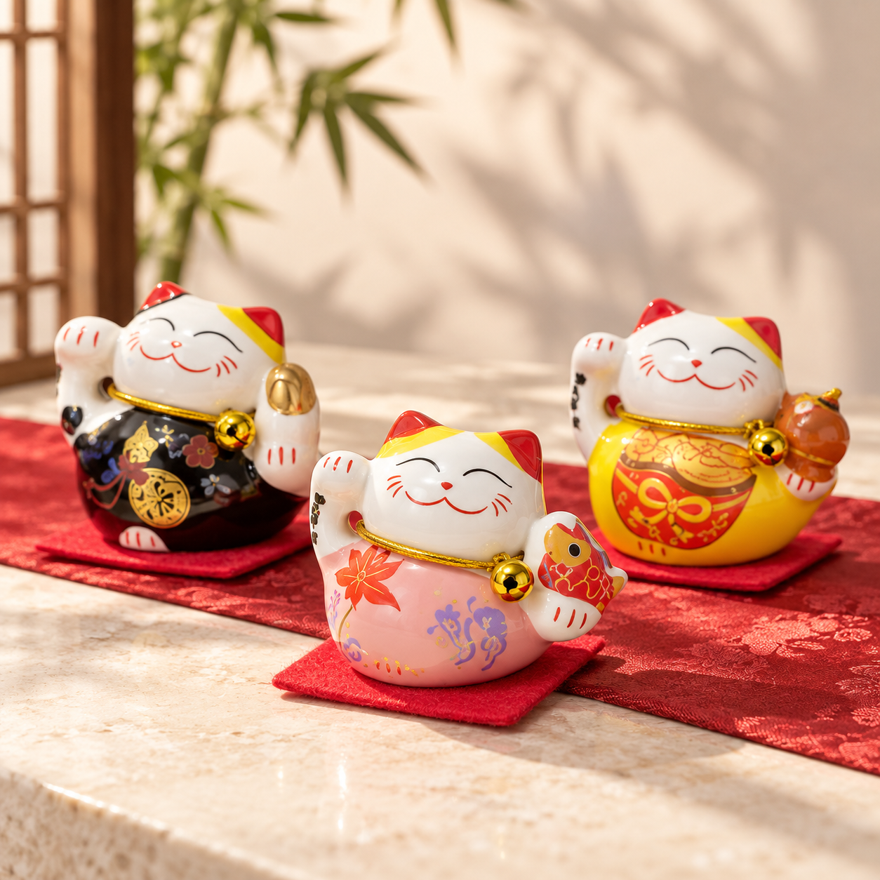 Colorful waving cat figurines displayed together on a red runner