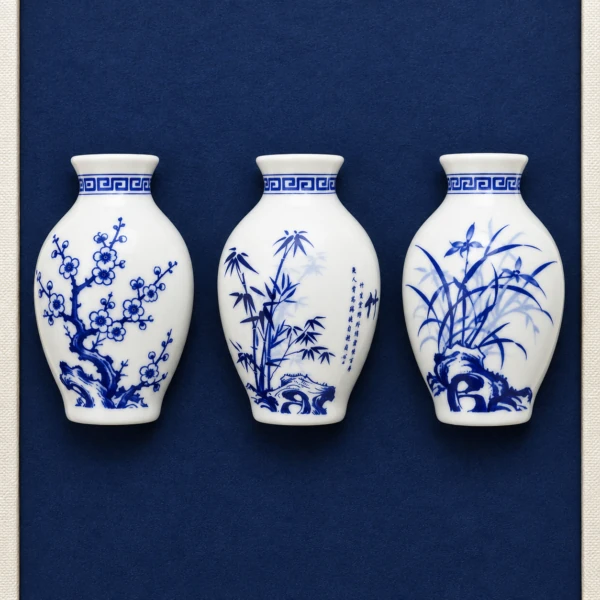 Three small blue and white wall vases with floral and bamboo motifs