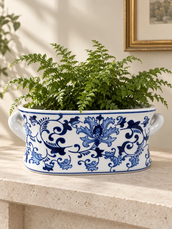 Blue and white oval planter with floral scrolls and side handles, styled with a fern