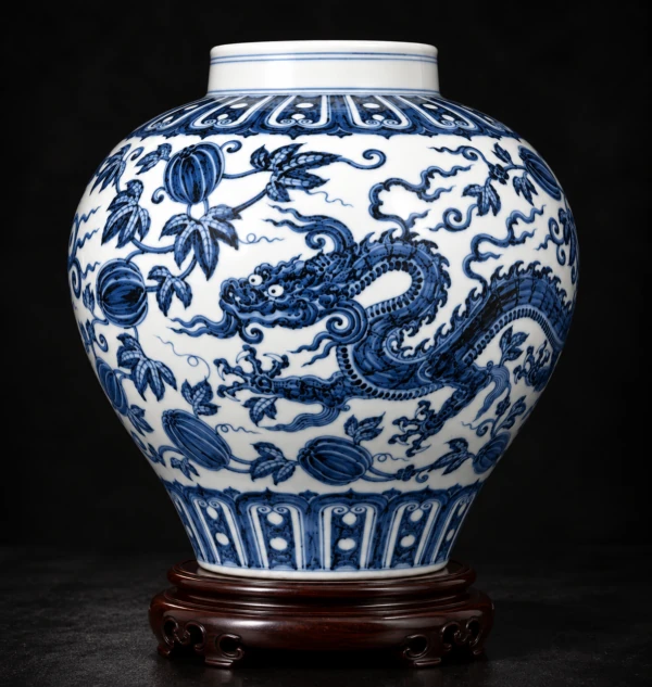 Blue and white dragon-pattern porcelain jar on a dark wooden stand
