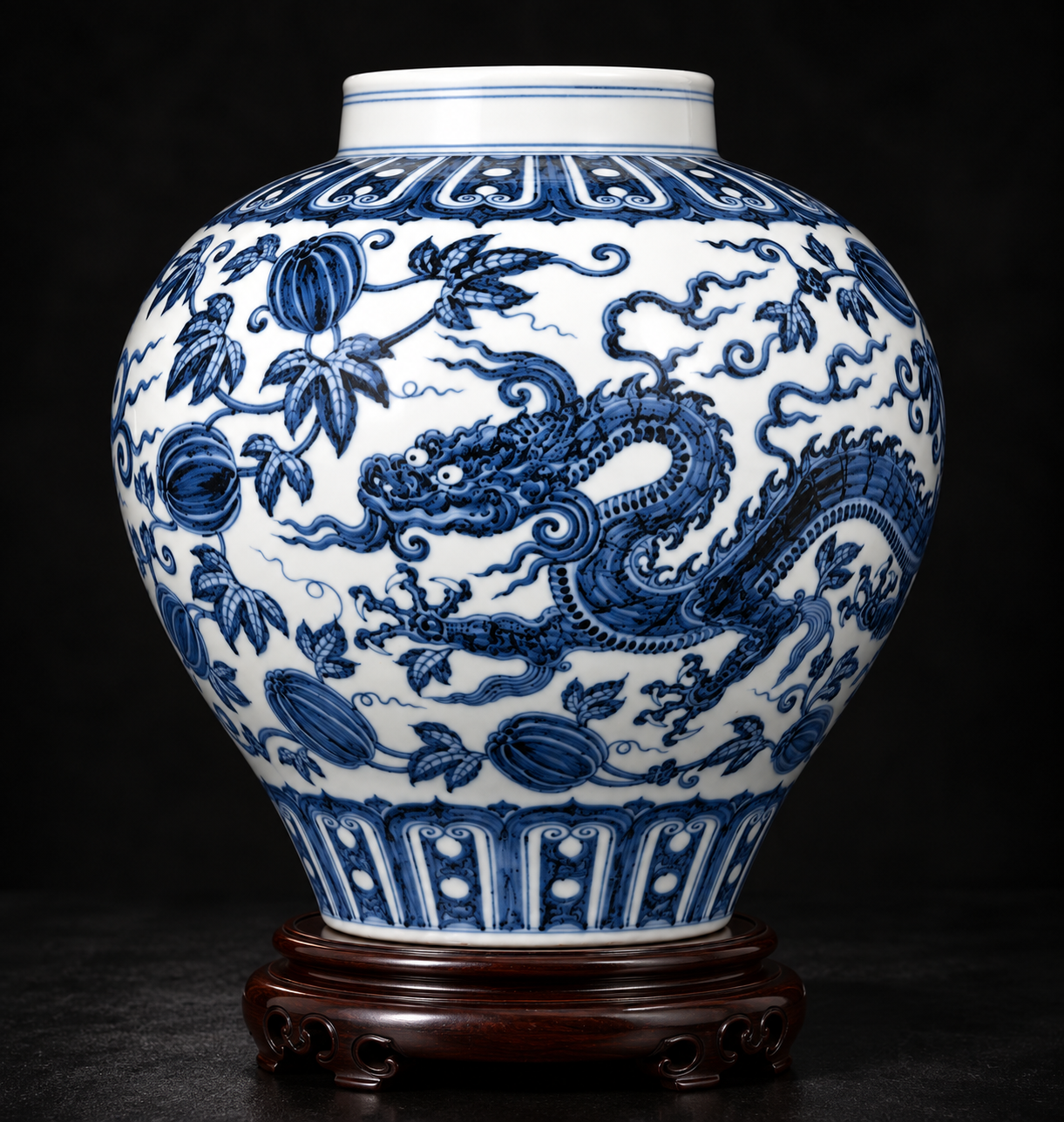 Blue and white dragon-pattern porcelain jar on a dark wooden stand