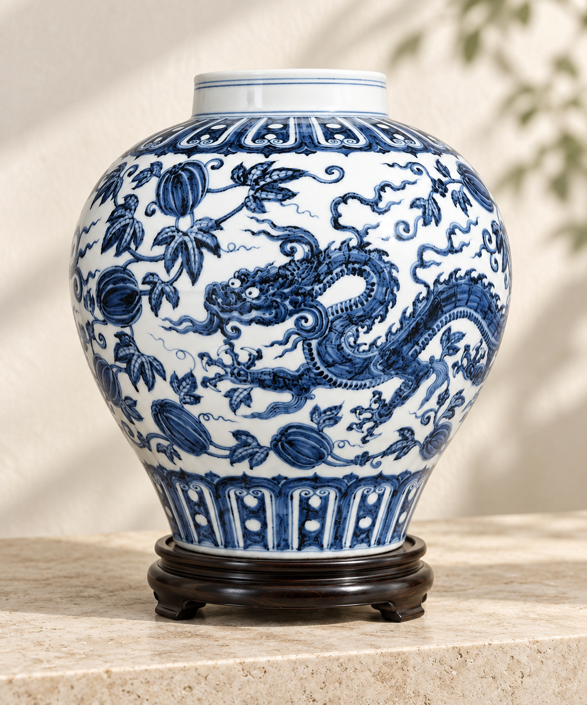Dragon-pattern blue and white jar displayed against a light wall