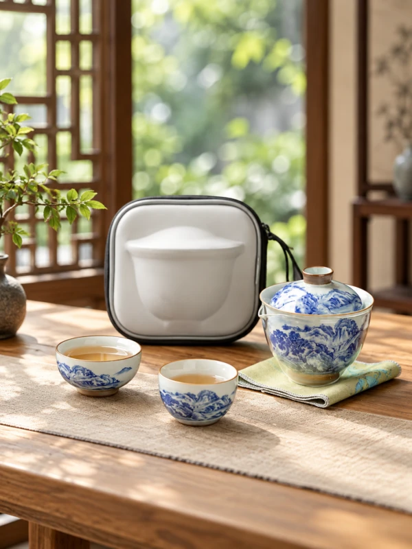 Blue and white travel gaiwan and two cups beside an open fitted case