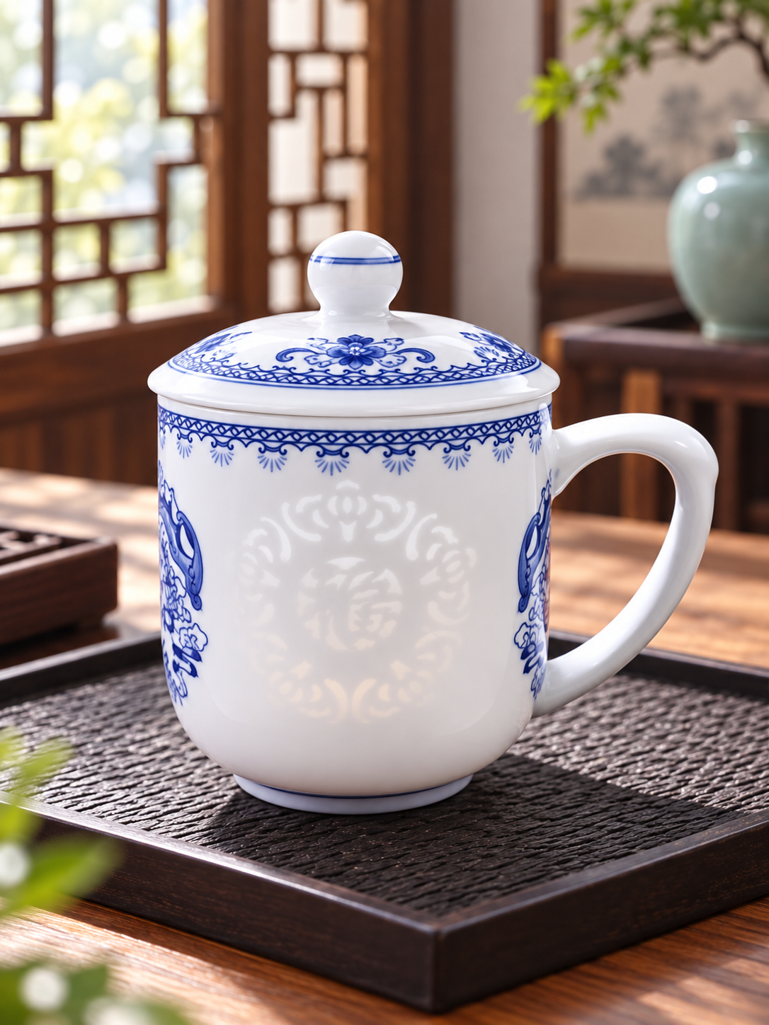 Blue and white patterned lidded porcelain mug on a woven mat