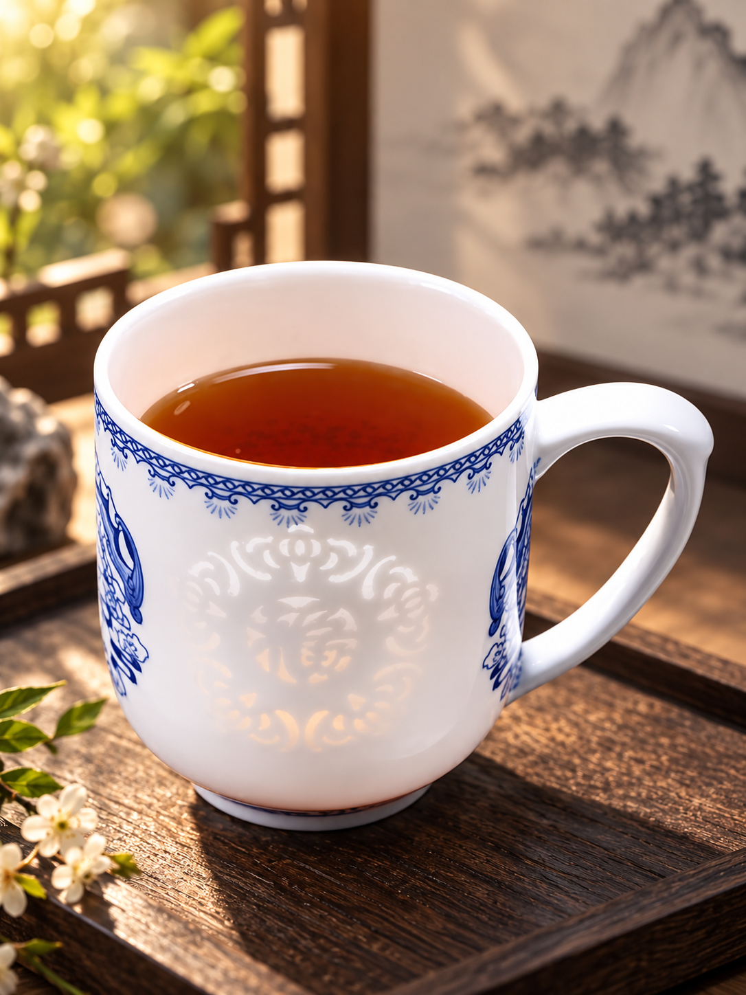 Open blue and white porcelain mug filled with amber tea