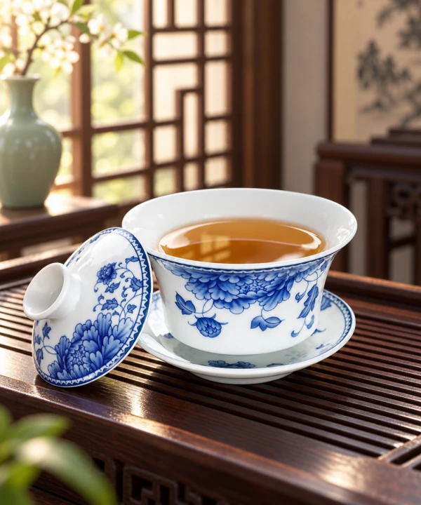 Blue and white floral gaiwan filled with tea, with lid resting beside it