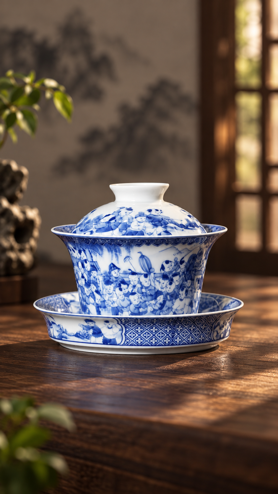 Blue and white floral gaiwan with lid closed on a matching saucer