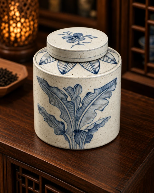 Cylindrical blue and white leaf-pattern lidded ceramic jar on a wooden table