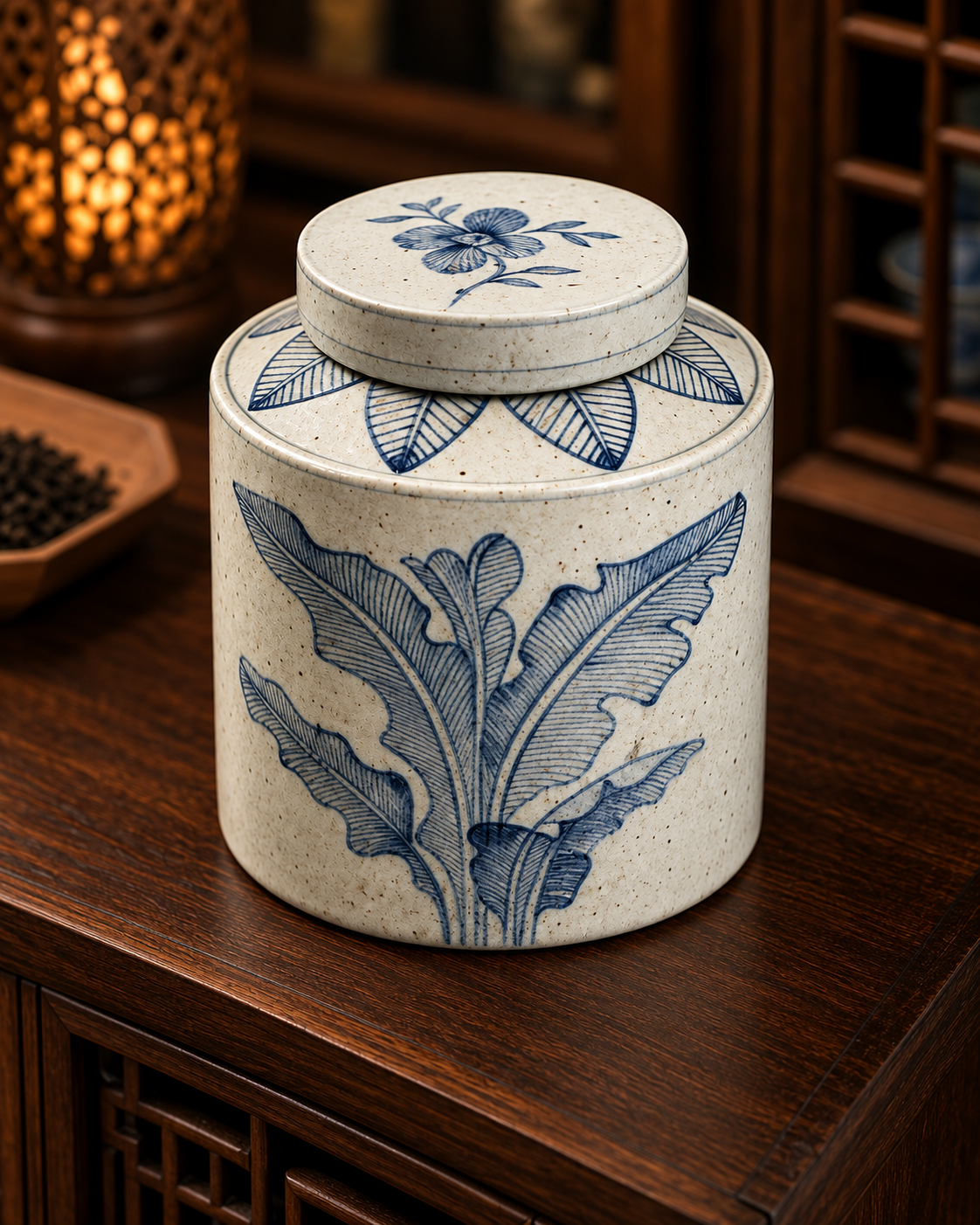Cylindrical blue and white leaf-pattern lidded ceramic jar on a wooden table