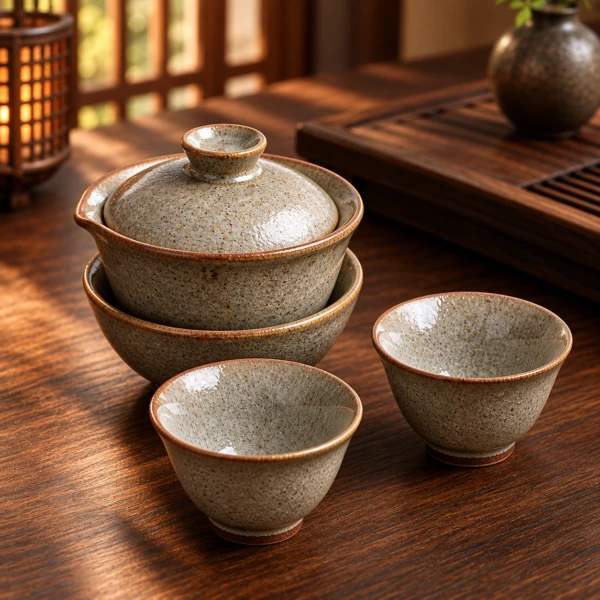Speckled glaze gaiwan and two matching cups on a wooden tea table