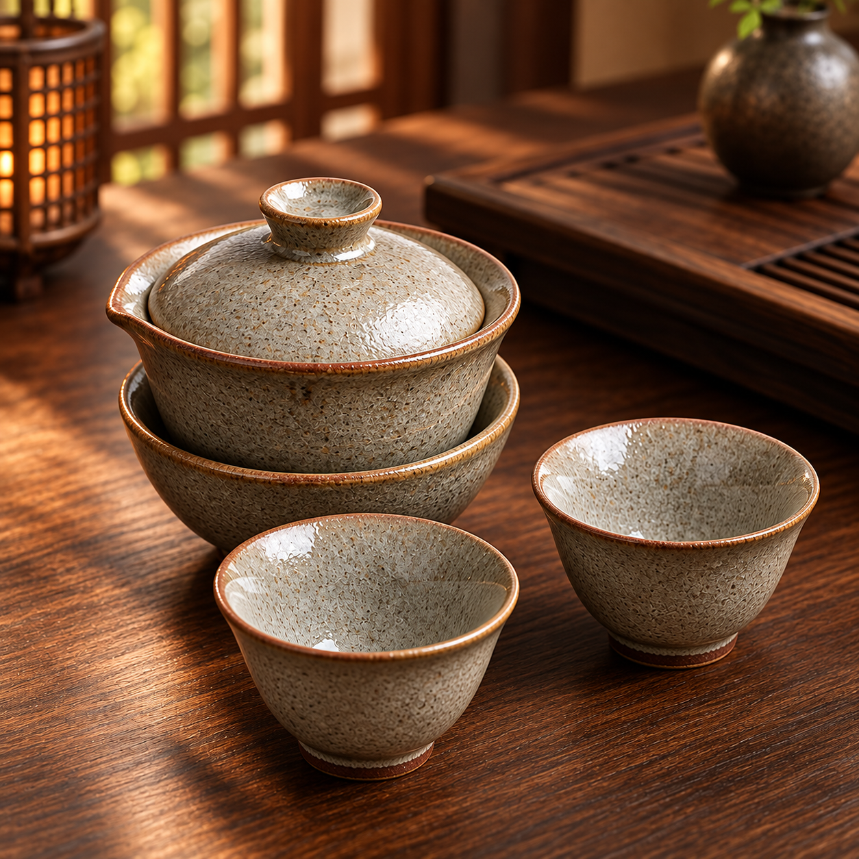 Speckled glaze gaiwan and two matching cups on a wooden tea table