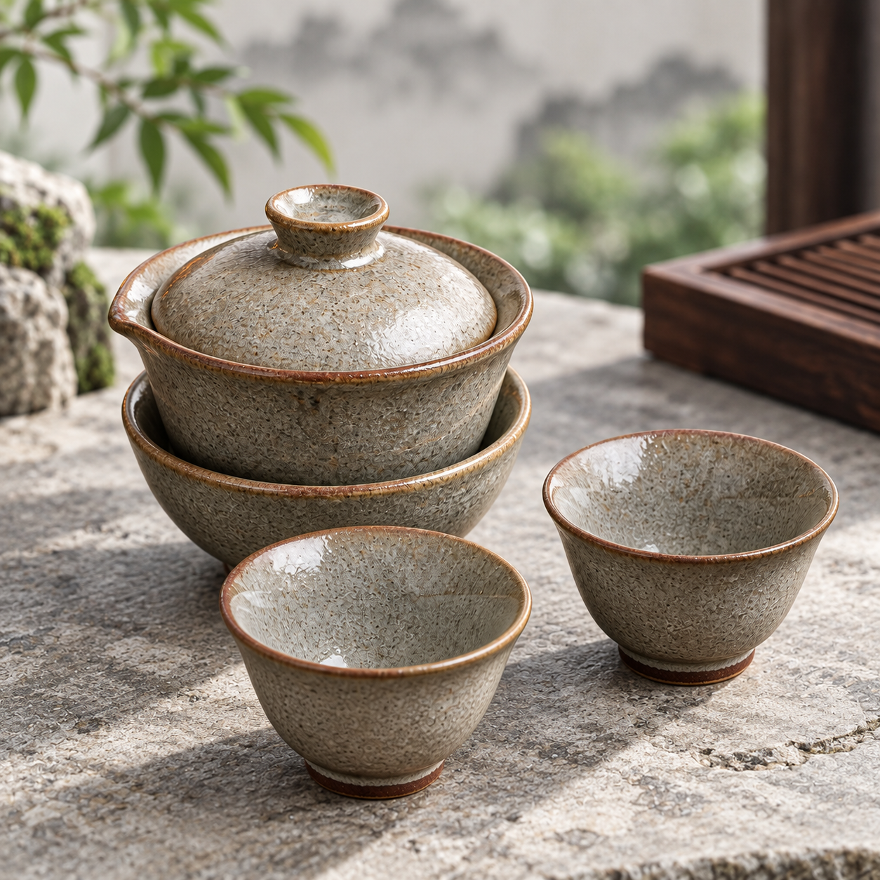 Speckled ceramic gaiwan with two cups displayed on a woven table runner