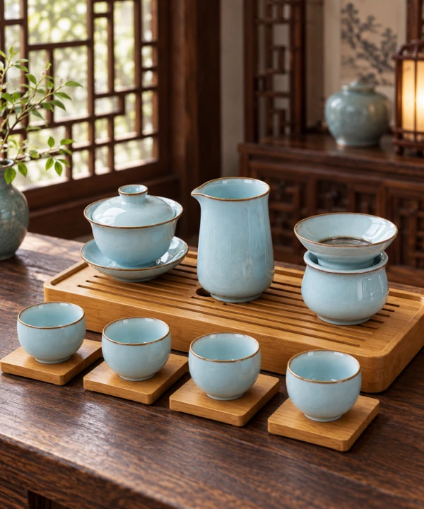 Pale blue tea set with gaiwan, tall vessel, strainer and cups on wooden trays