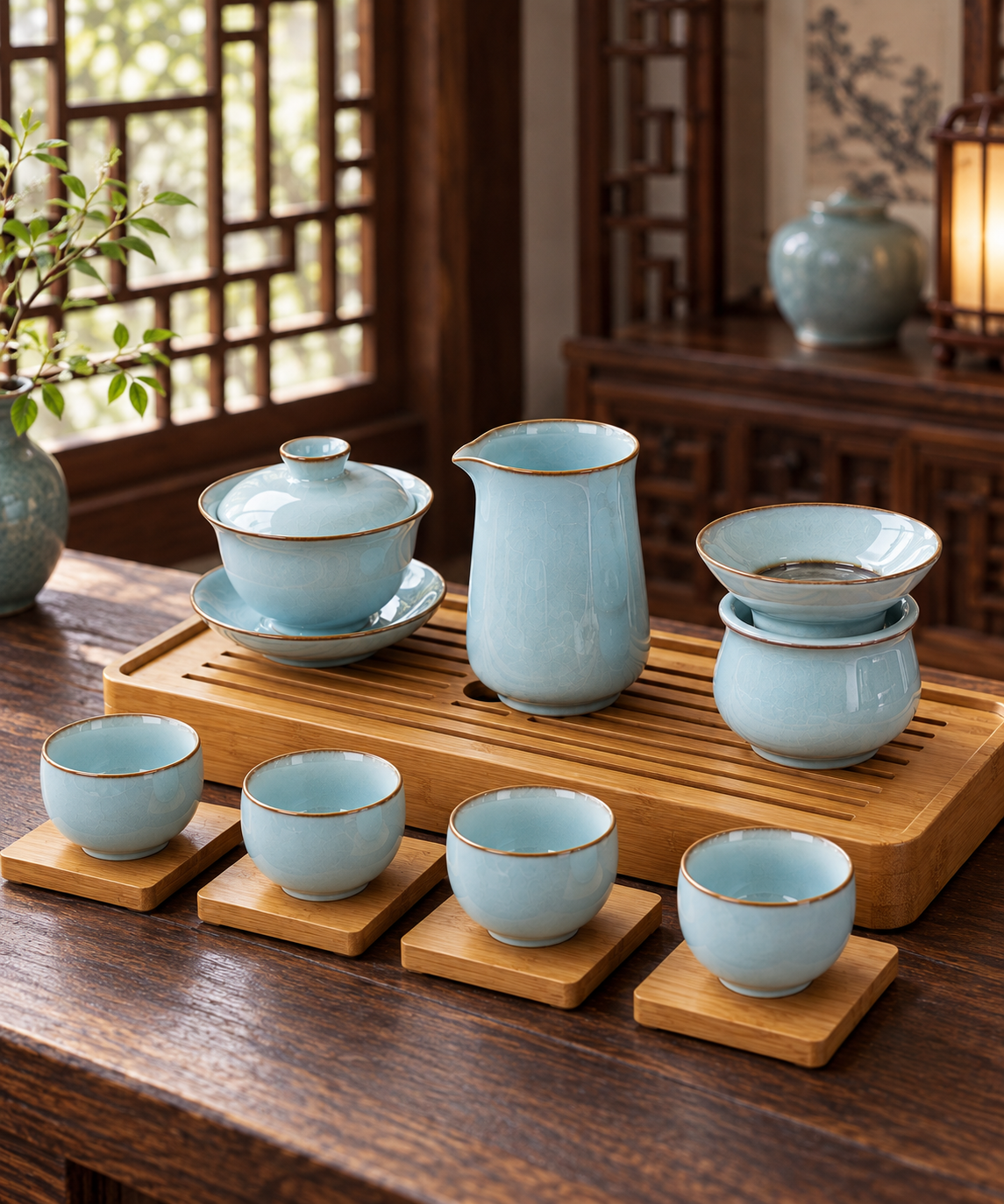 Pale blue tea set with gaiwan, tall vessel, strainer and cups on wooden trays