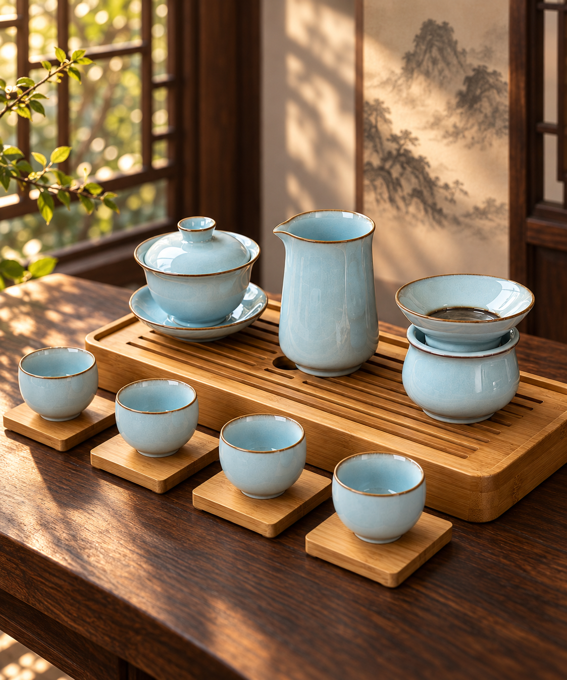 Pale blue ceramic tea set arranged on a wooden tray beside a window