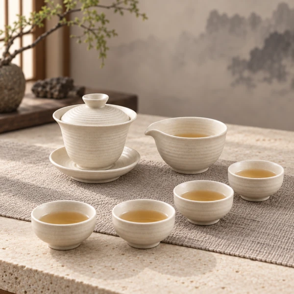 Cream tea set with lidded gaiwan, serving bowl and small cups