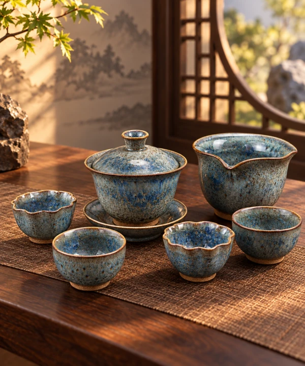 Blue glaze gaiwan and pitcher with assorted teacups in warm window light