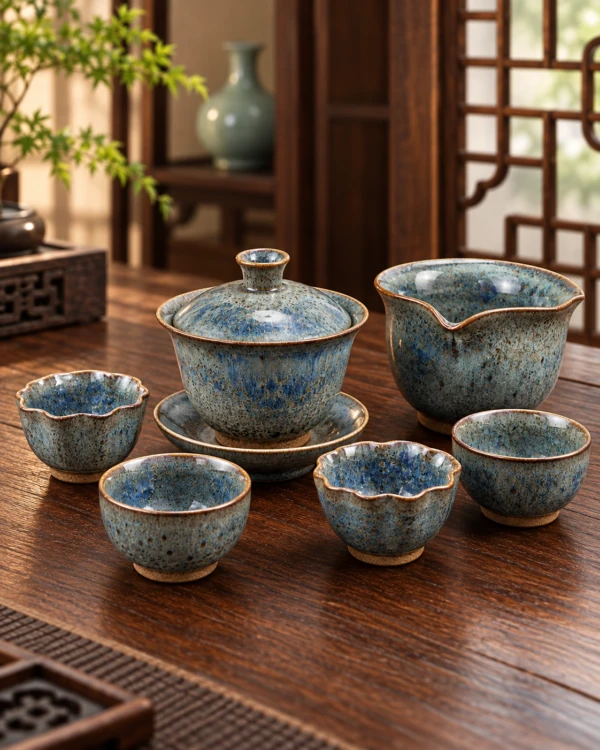 Mottled blue glaze gaiwan, pouring pitcher and teacups on a wooden table