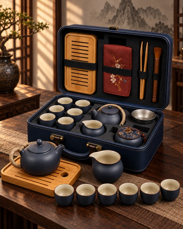 Dark travel tea set with pot, cups and wooden accessories in an open case