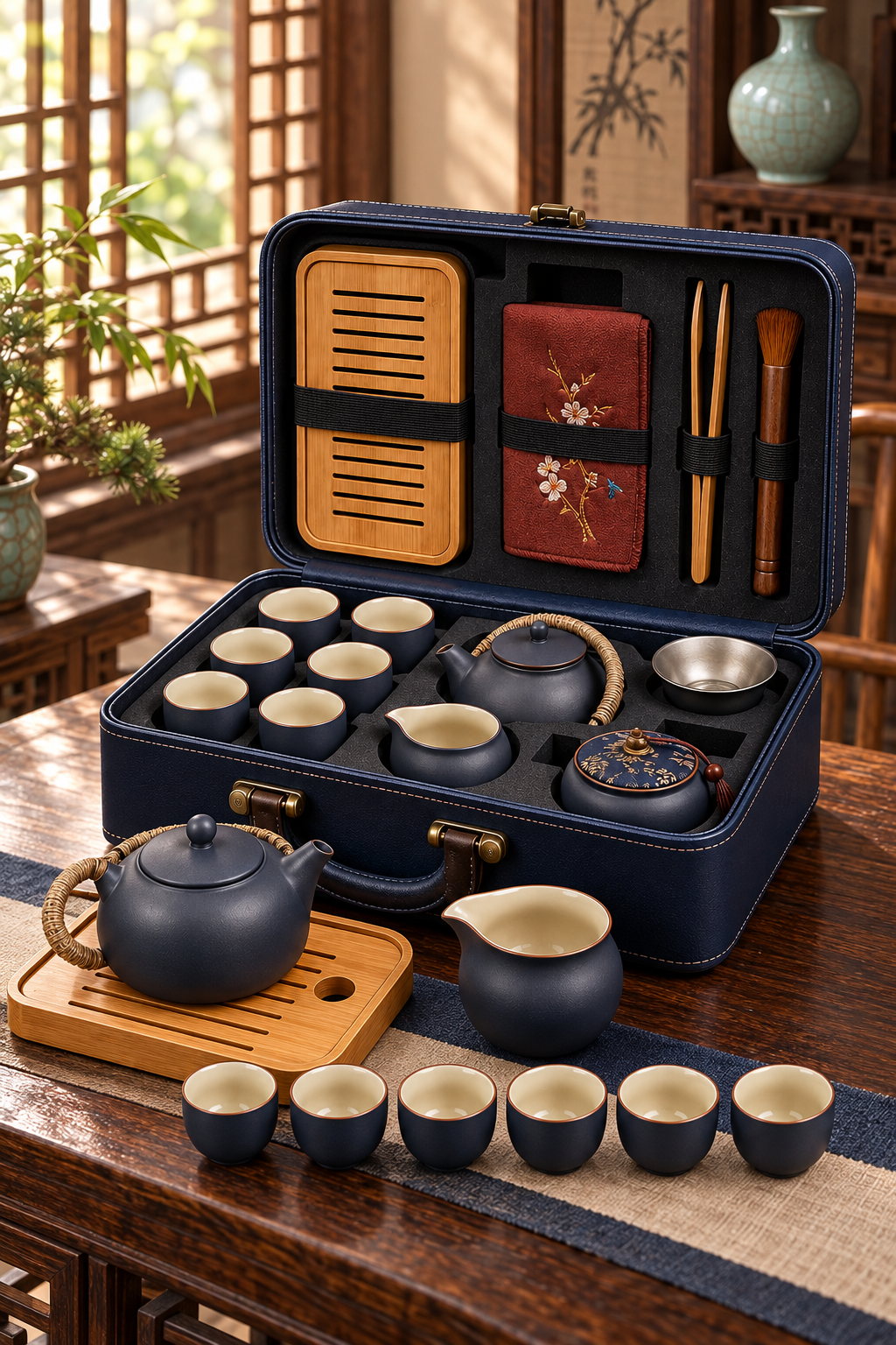 Dark tea pot, cups and wooden tea tray displayed before a fitted travel case