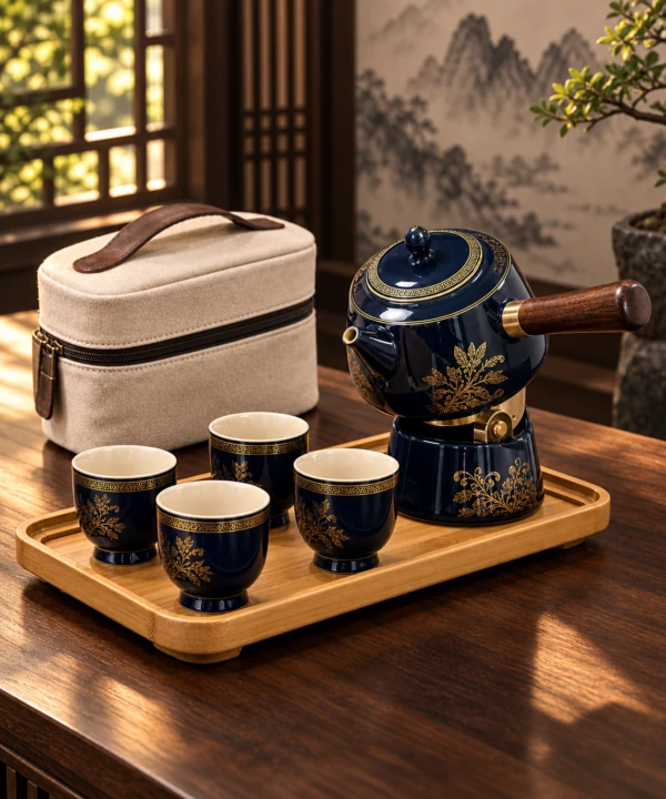 Dark blue tea pot and cups on a wooden tray beside a beige travel case