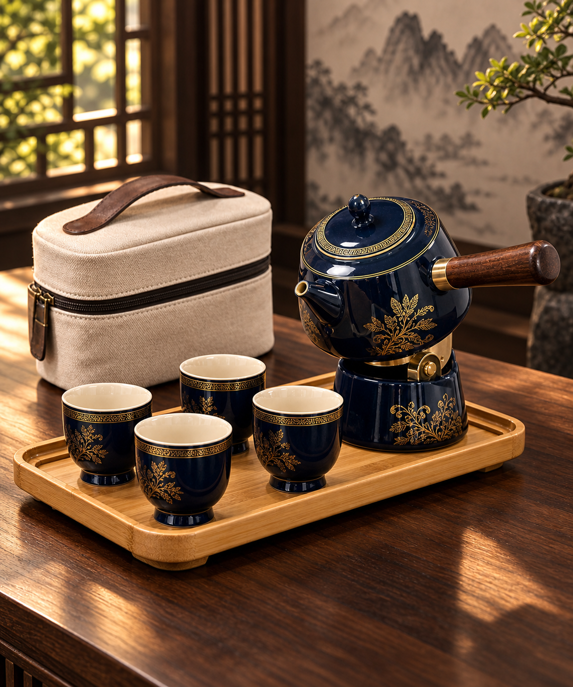 Dark blue tea pot and cups on a wooden tray beside a beige travel case