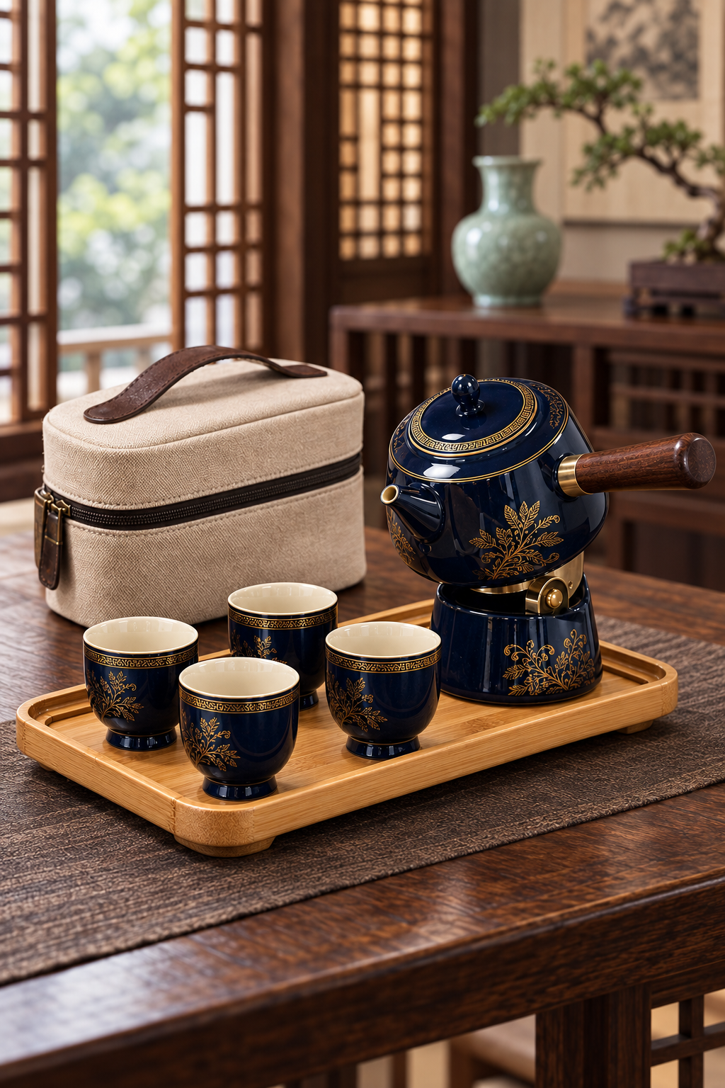 Dark blue travel tea set with wooden-handled pot and beige carrying case