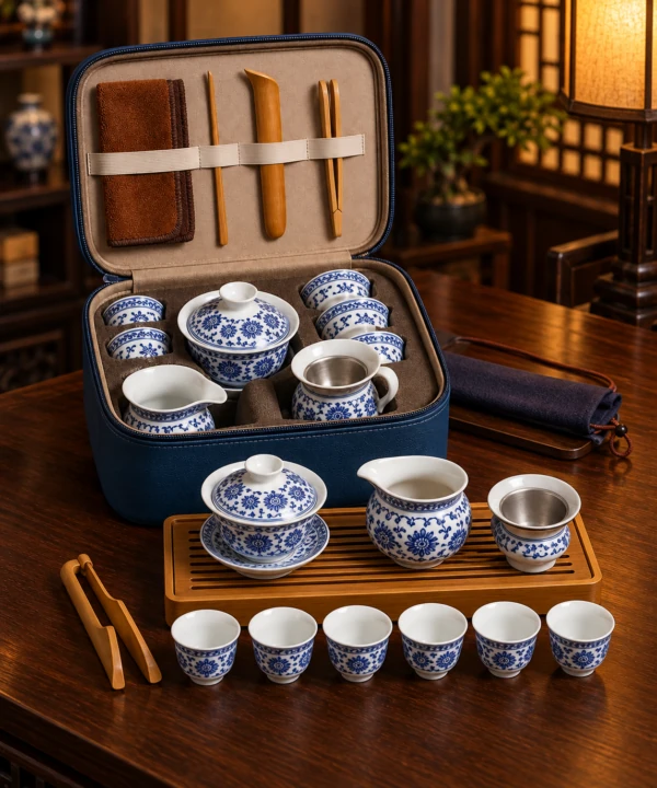 Blue and white travel tea set with tray, cups and tools in an open carrying case