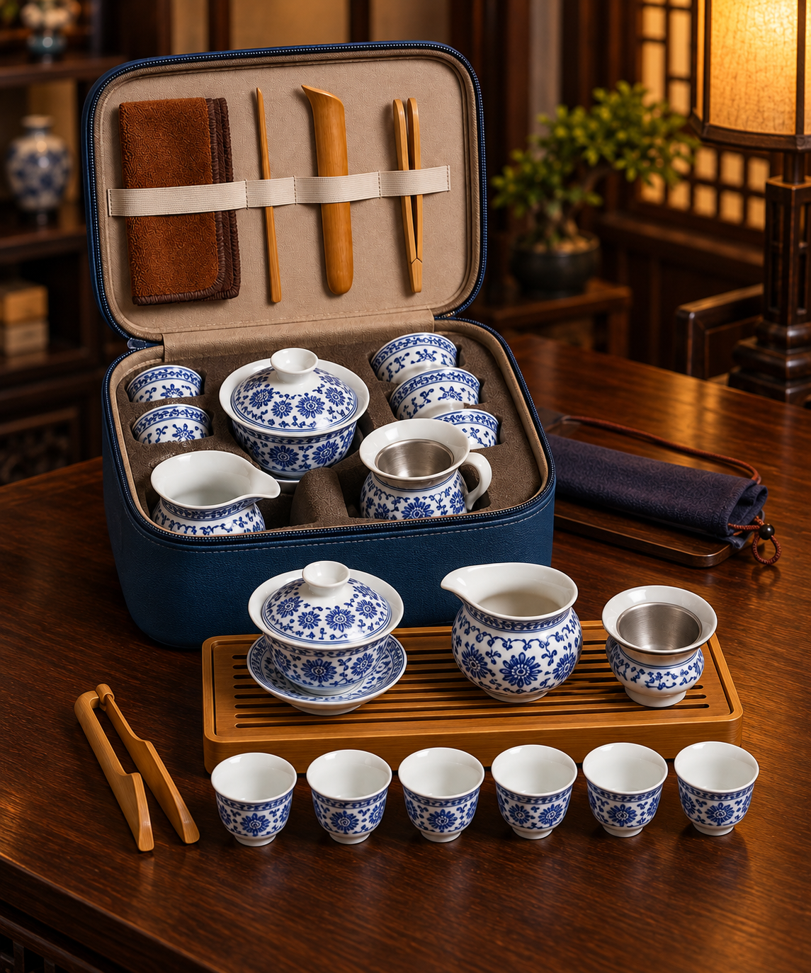 Blue and white travel tea set with tray, cups and tools in an open carrying case