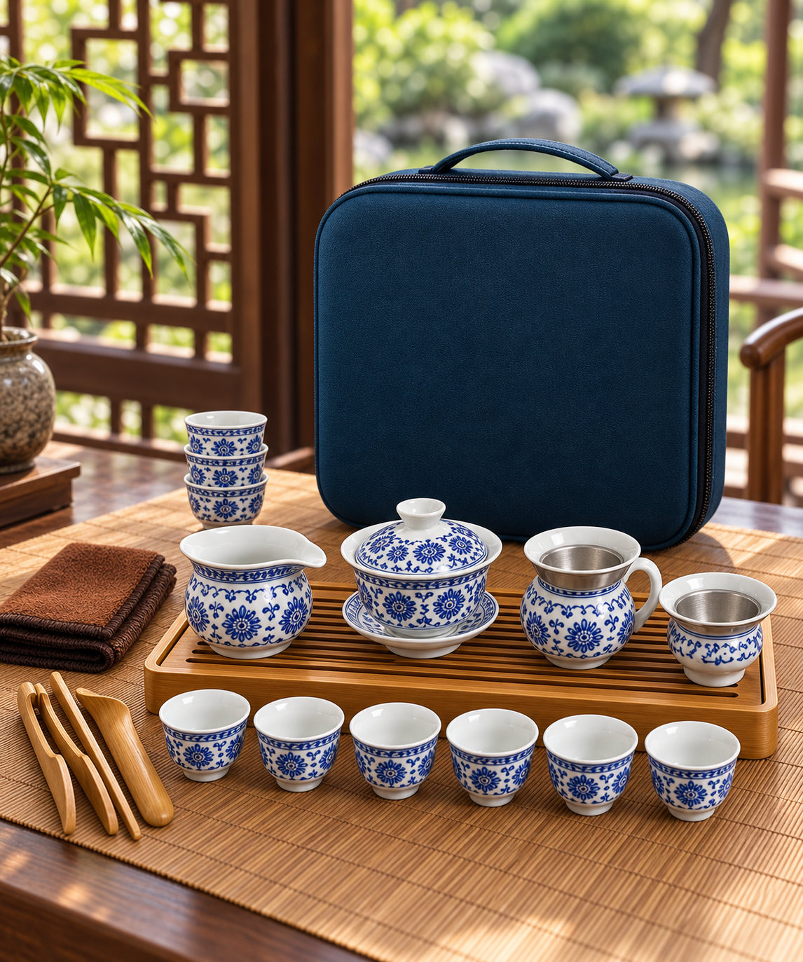 Blue and white tea set arranged before a blue carrying case