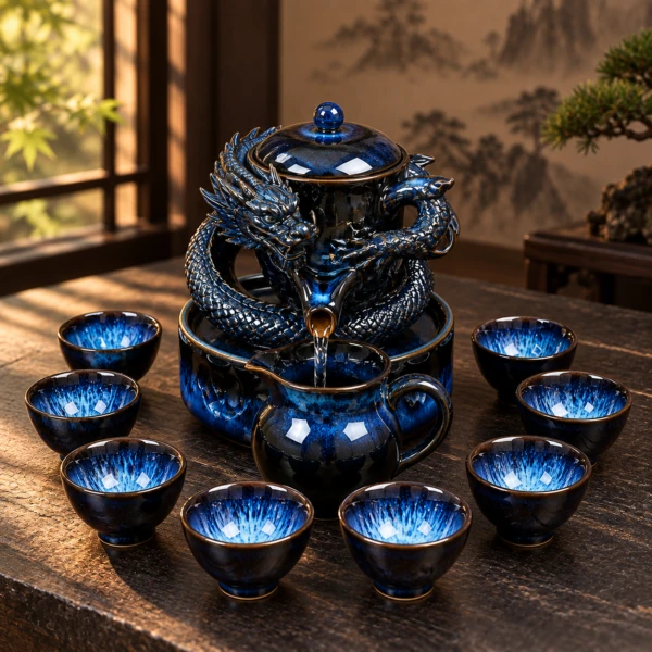 Deep blue dragon-shaped tea brewing set surrounded by matching cups