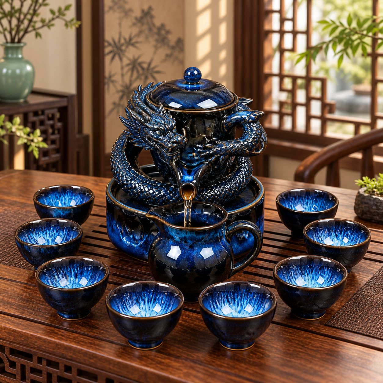 Blue dragon tea brewing set with cups displayed in a sunlit tea room