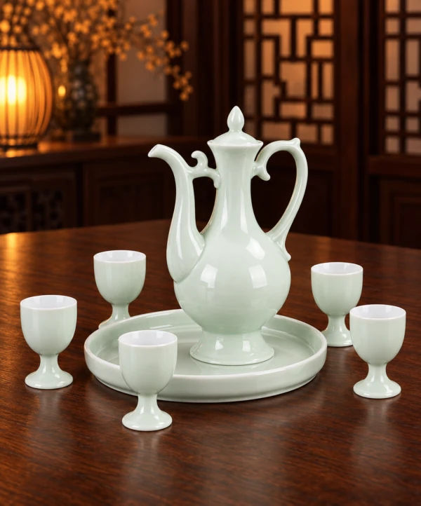 Pale celadon wine pot, stemmed cups and round tray on a wooden table