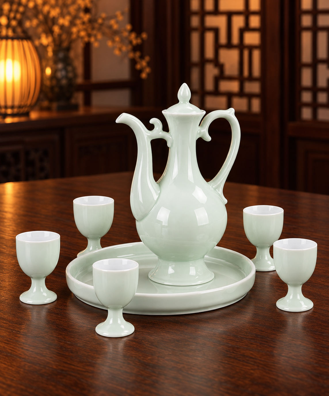 Pale celadon wine pot, stemmed cups and round tray on a wooden table