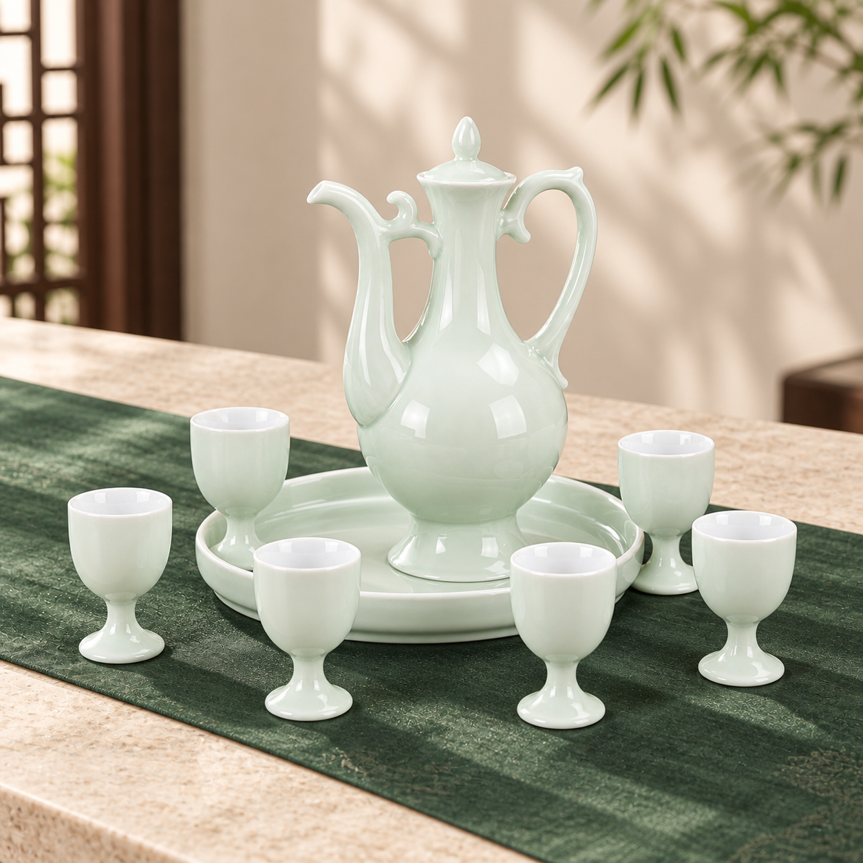 Celadon wine pot and stemmed cups arranged on a green table runner