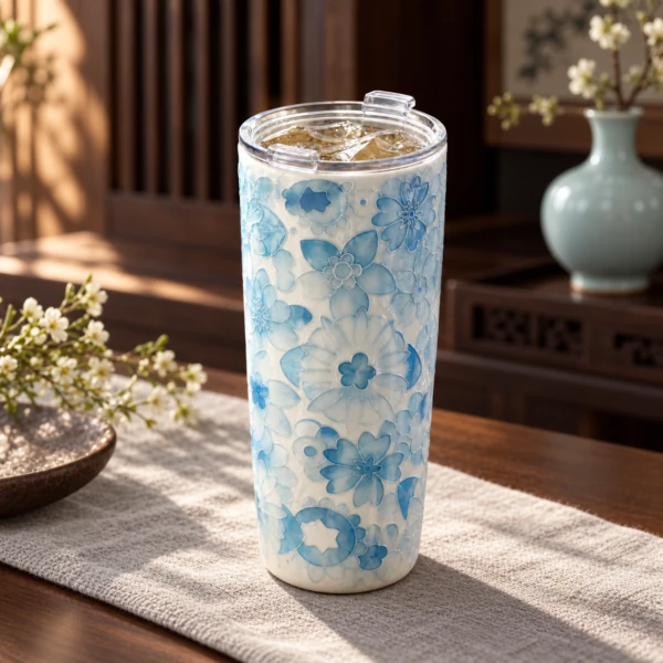Tall blue floral tumbler with a clear lid on a linen runner