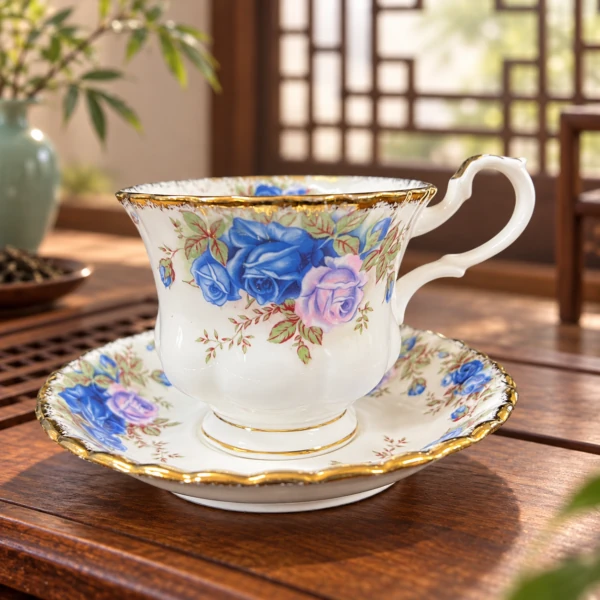 White cup and saucer with blue-purple roses and gold-colored trim