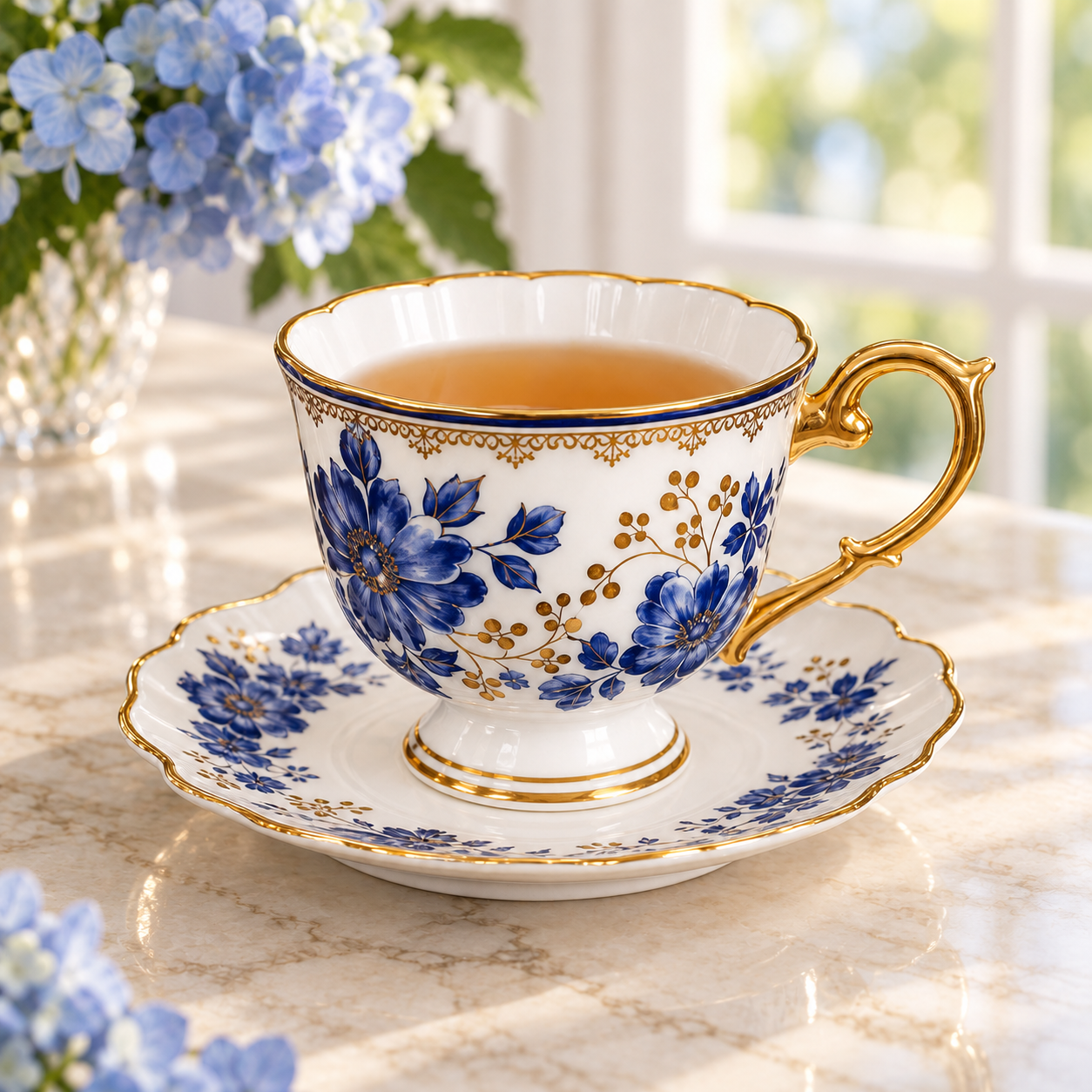 Blue floral cup filled with tea on a matching saucer with gold-colored trim