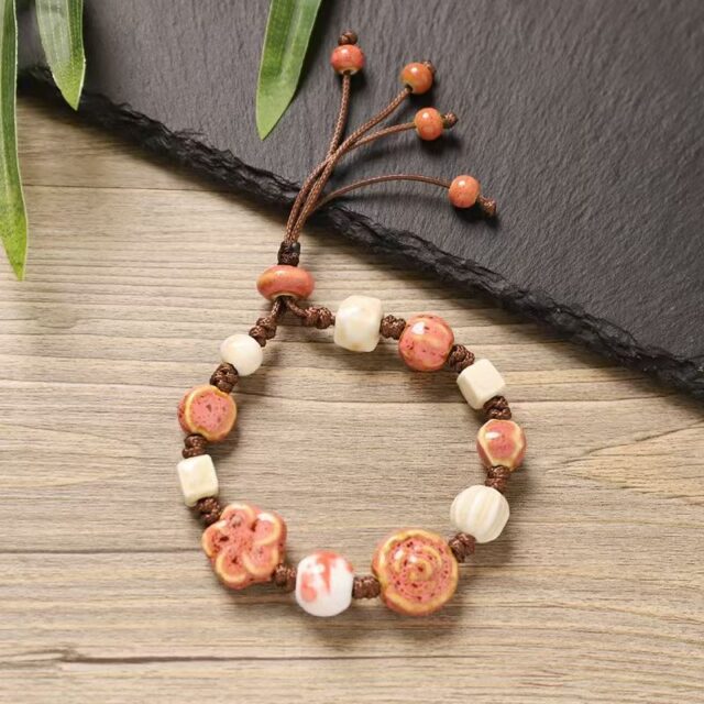 Jingdezhen Orange Pink Ceramic Flower Cord Bracelet