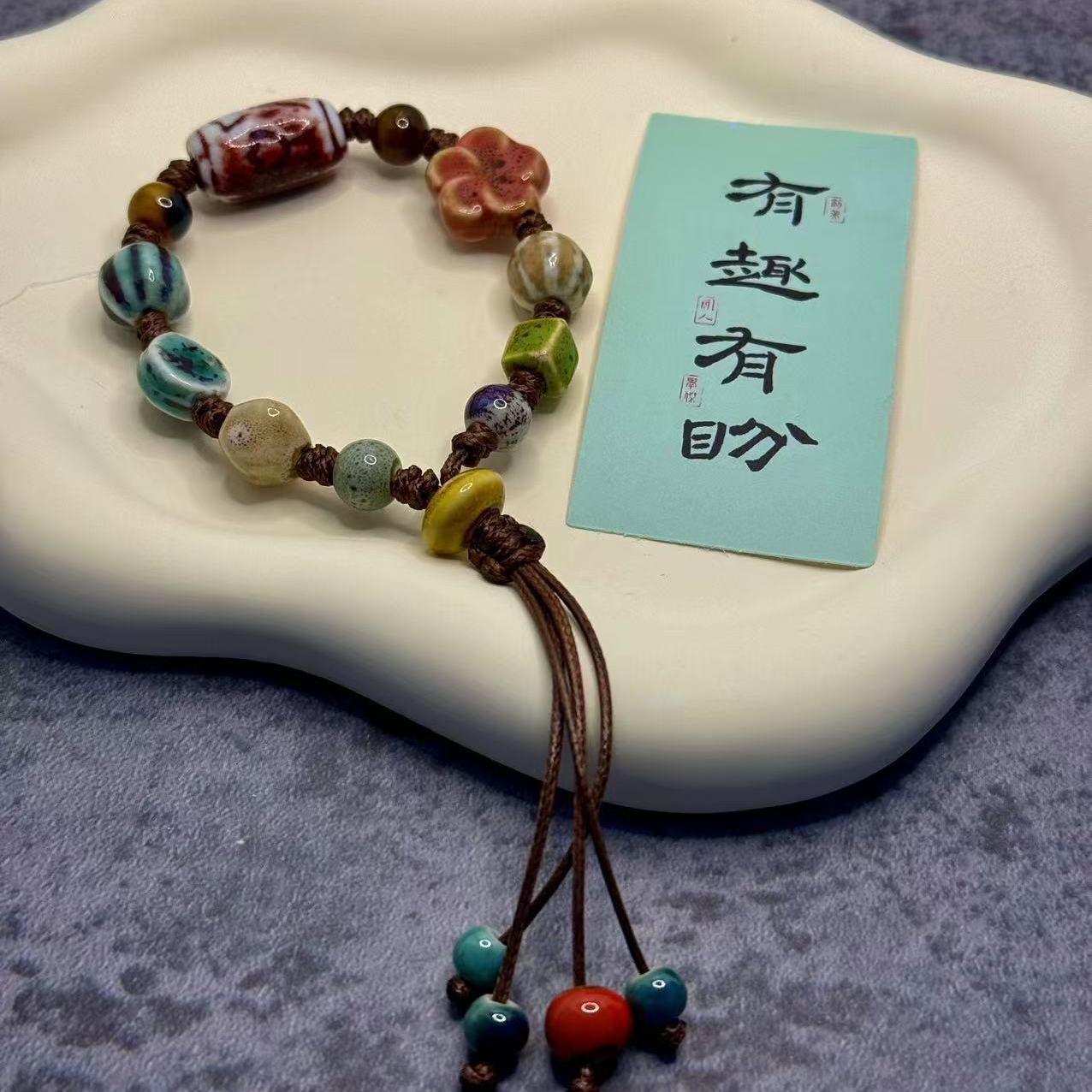 Jingdezhen Orange Pink Ceramic Flower Cord Bracelet