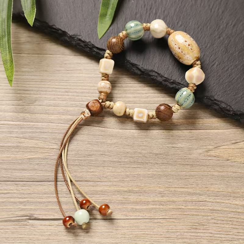 Jingdezhen Orange Pink Ceramic Flower Cord Bracelet