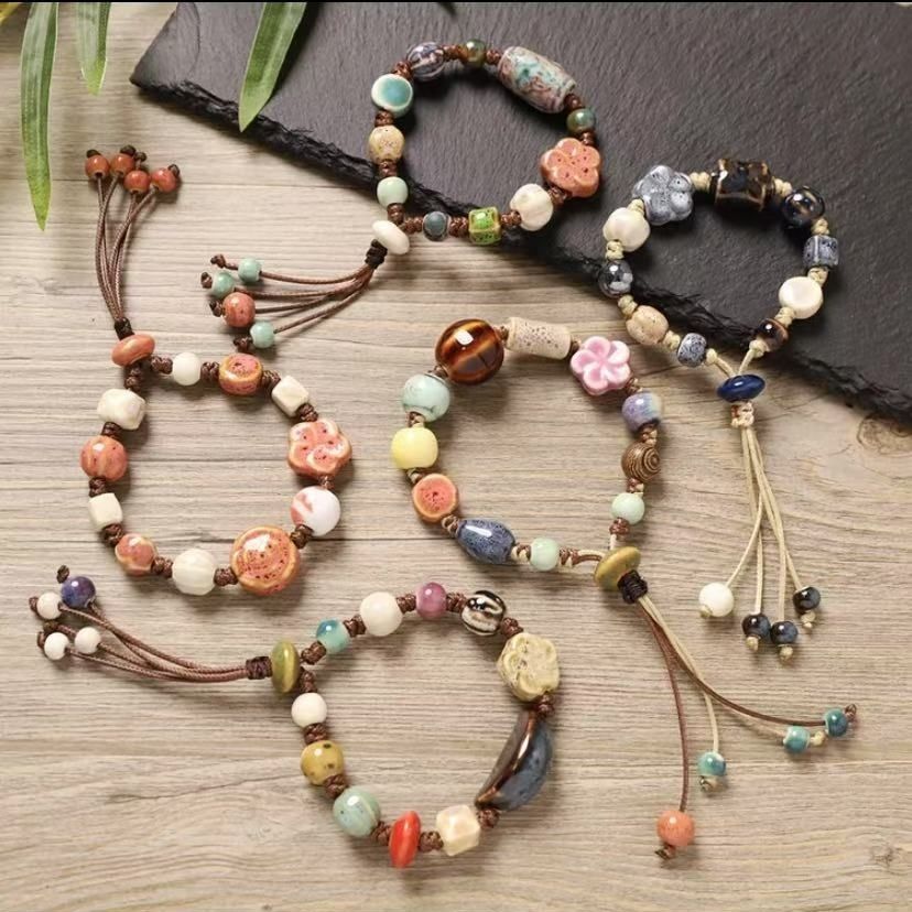 Jingdezhen Orange Pink Ceramic Flower Cord Bracelet
