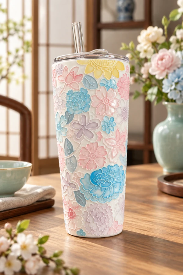 Tall pastel floral tumbler with a clear lid on a wooden table