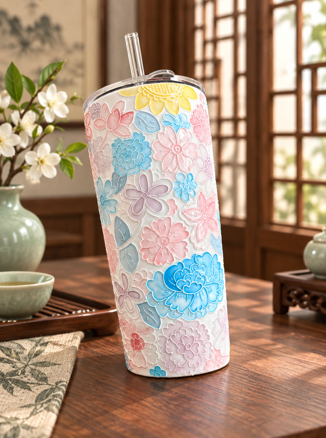 Pastel floral tumbler displayed beside a window and white flowers