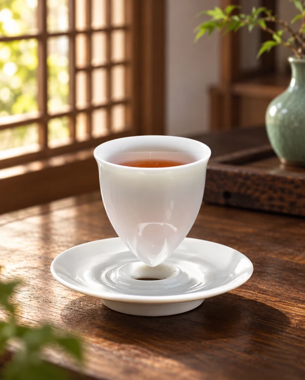 White footed tea cup filled with amber tea on a matching saucer